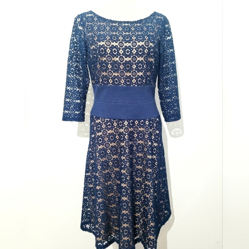Adrianna Papell Women's Lace Navy  Cocktail Dress Size 6 Elegant Floral Lined - Picture 2 of 12